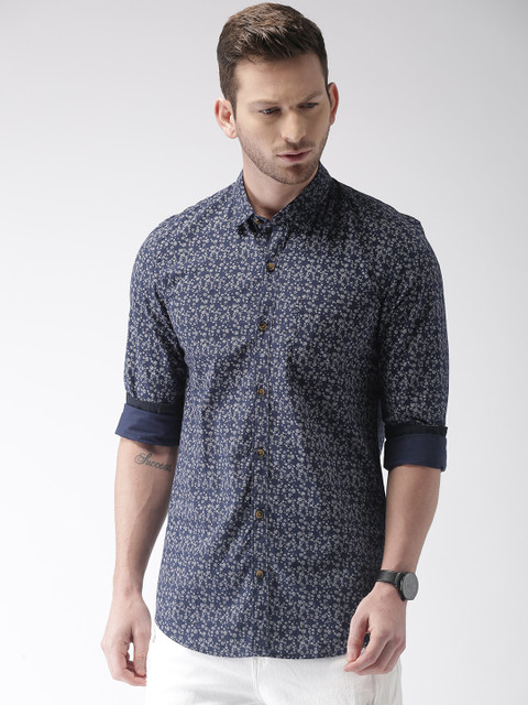 

Men Navy & White Slim Fit Floral Printed Casual Shirt, Navy blue