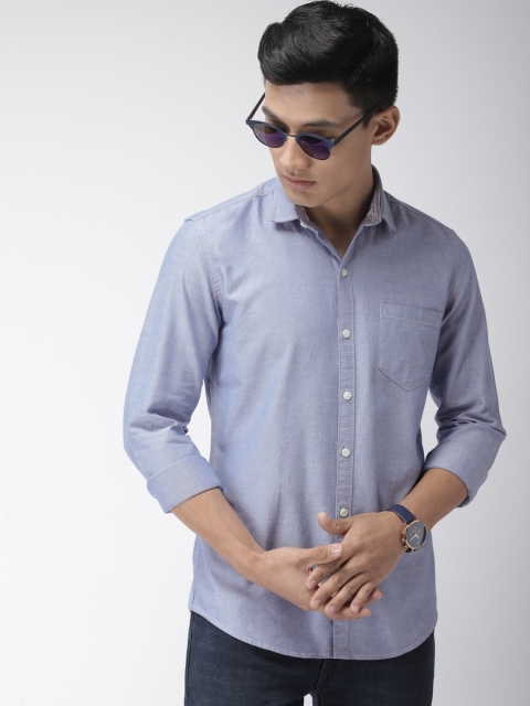 FOGA Men Blue Customised Fit Solid Oxford Casual Shirt