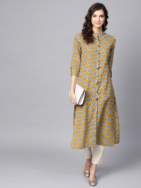

Azira Women Mustard Yellow & Green Printed Straight Kurta
