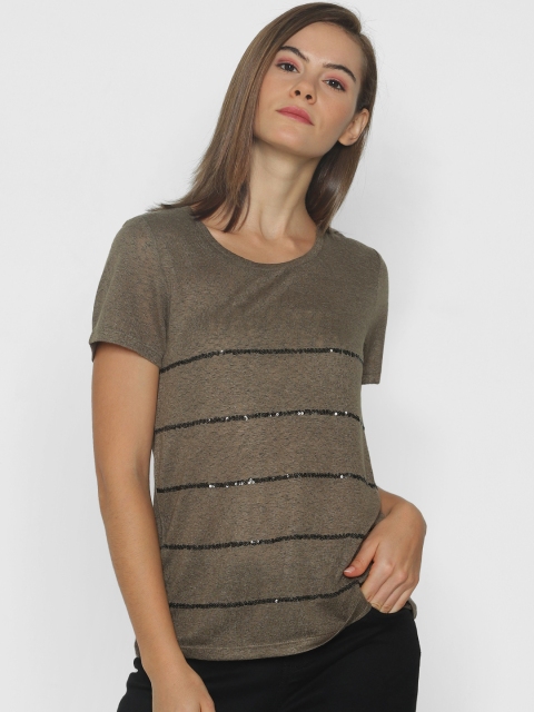 

ONLY Women Brown & Black Striped Embellished Top