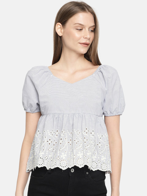 

ONLY Women White & Blue Embroidered Peplum Pure Cotton Top