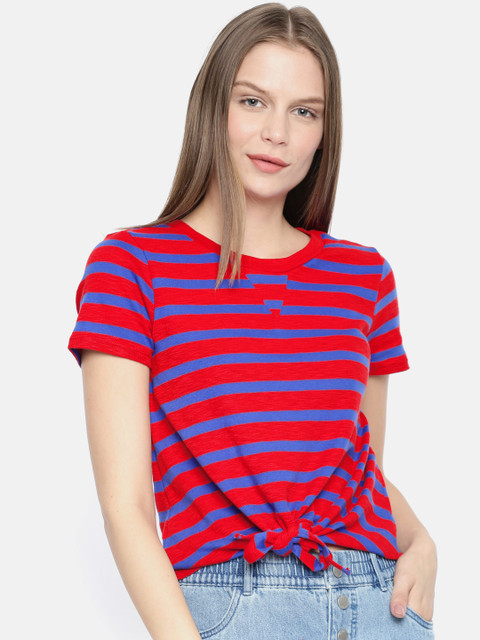 

ONLY Women Red & Blue Striped Round Neck T-shirt