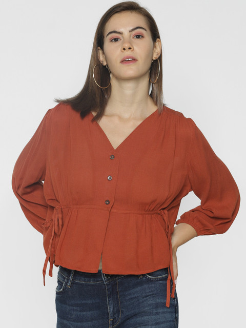 

ONLY Women Rust Brown Solid Cinched Waist Top