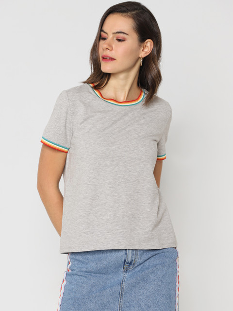 

ONLY Women Grey Melange Solid Round Neck T-shirt