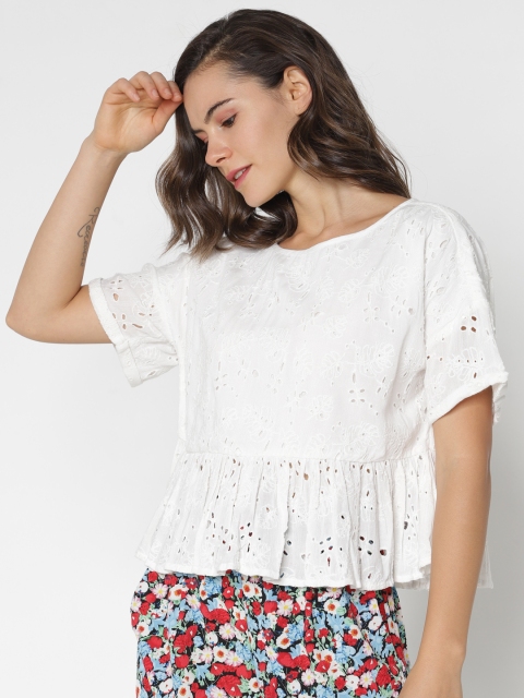 

ONLY Women White Self-Design Boxy Peplum Top