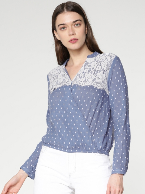 

ONLY Women Blue & White Self Design Blouson Top