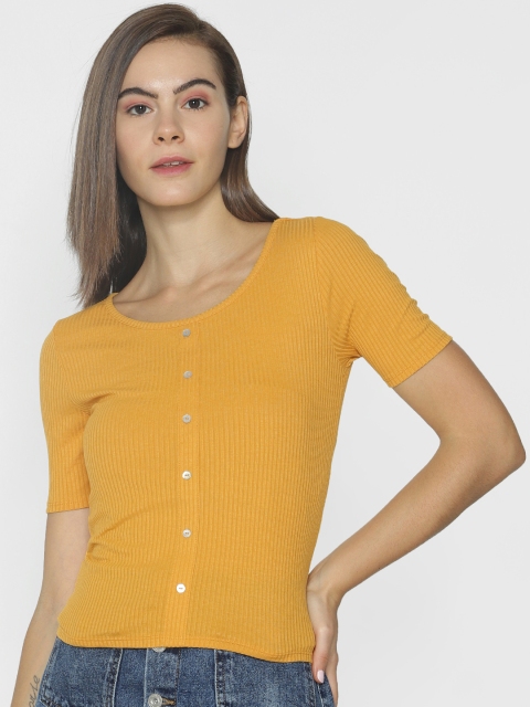 

ONLY Women Mustard Yellow Ribbed Fitted Top