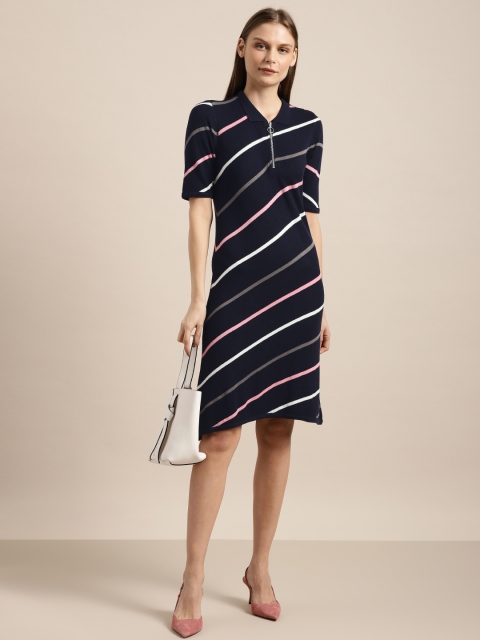 

her by invictus Women Navy Blue & Off-White Striped Sheath Dress