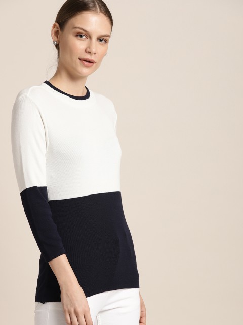 

her by invictus Women White & Navy Blue Colourblocked Sweater