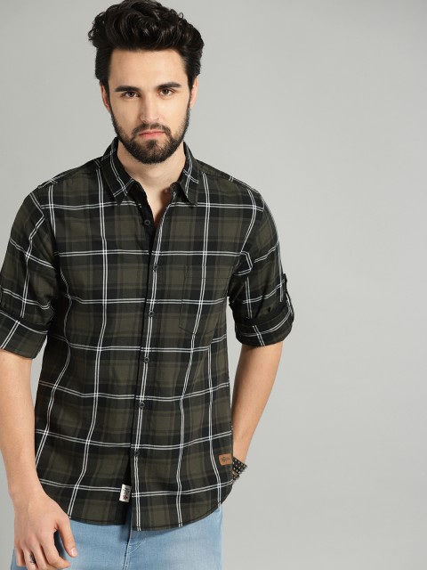 

Roadster Men Olive Green & Black Regular Fit Checked Casual Shirt