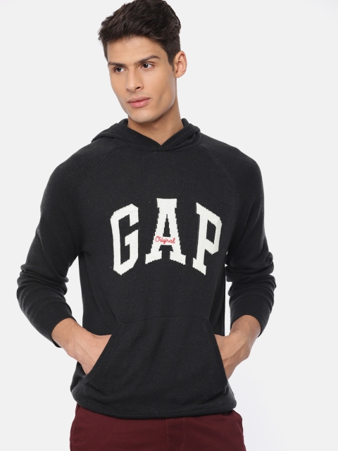 

GAP Men Black Self Design Hooded Pullover Sweater