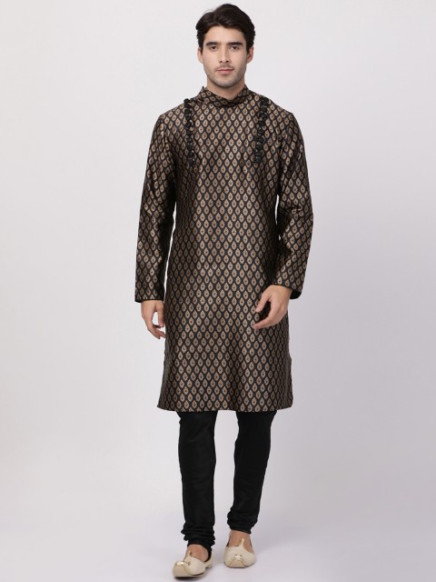 

VASTRAMAY Men Black & Gold-Coloured Printed Kurta with Pyjamas