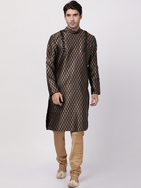 

VASTRAMAY Men Black & Gold-Toned Self Design Kurta with Churidar