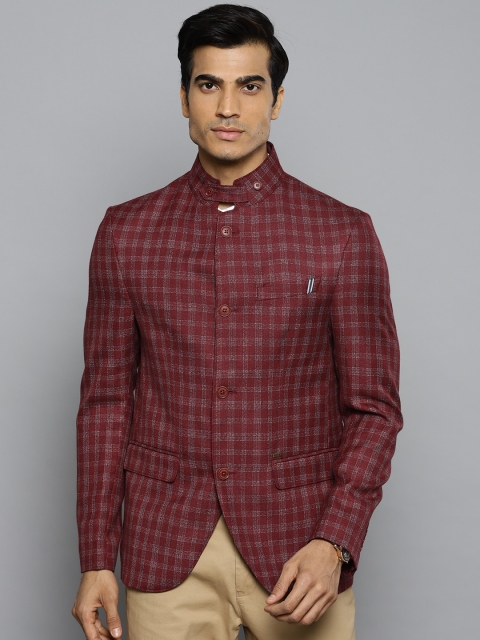 

Blackberrys Men Maroon & White Checked Slim Fit Single Breasted Smart Casual Bandhgala