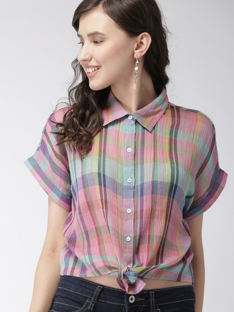 

FOREVER 21 Women Multicoloured Striped Shirt Style Crop Pure Cotton Top, Multi