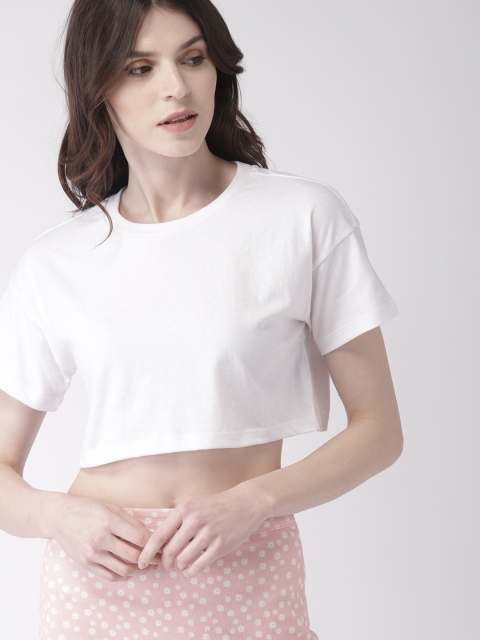

FOREVER 21 Women White Solid Round Neck Cropped T-shirt