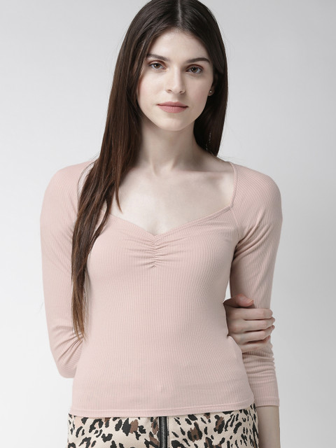 

FOREVER 21 Women Pink Self-Striped Fitted Top