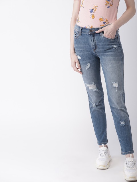 

FOREVER 21 Women Blue Regular Fit Mid-Rise Mildly Distressed Stretchable Jeans