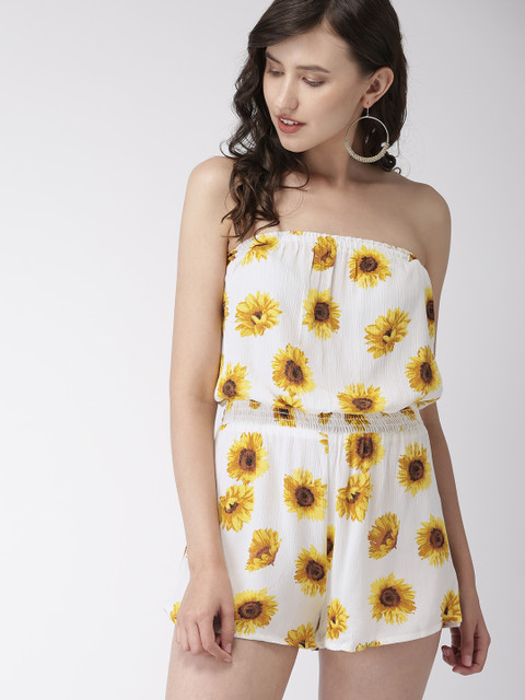 

FOREVER 21 Women Off-White & Yellow Printed Playsuit