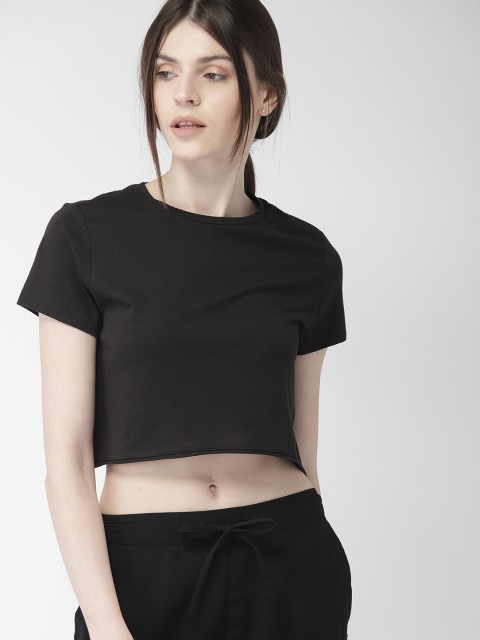 

FOREVER 21 Women Black Solid Round Neck T-shirt