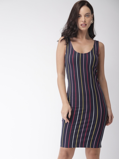 

FOREVER 21 Women Navy Blue Striped Bodycon Dress