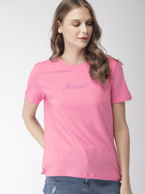 

FOREVER 21 Women Pink Printed Round Neck Pure Cotton T-shirt