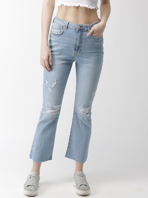 

FOREVER 21 Women Blue Regular Fit Mid-Rise Highly Distressed Stretchable Cropped Jeans