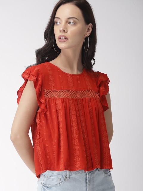 

FOREVER 21 Women Rust Red Self Design A-Line Top