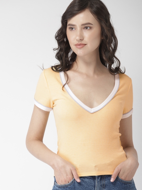 

FOREVER 21 Women Yellow Self-Striped Fitted Top