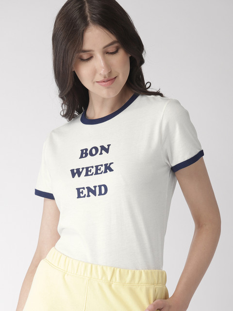 

FOREVER 21 Women Cream-Coloured Printed Round Neck T-shirt