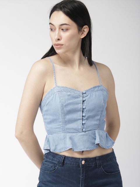 

FOREVER 21 Women Blue Solid Denim Cinched Waist Top