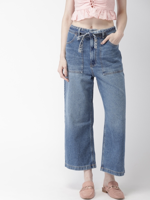 

FOREVER 21 Women Blue Loose Fit Solid Parallel Denim Cropped Trousers