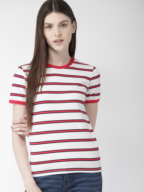 

FOREVER 21 Women Red & White Striped Round Neck T-shirt