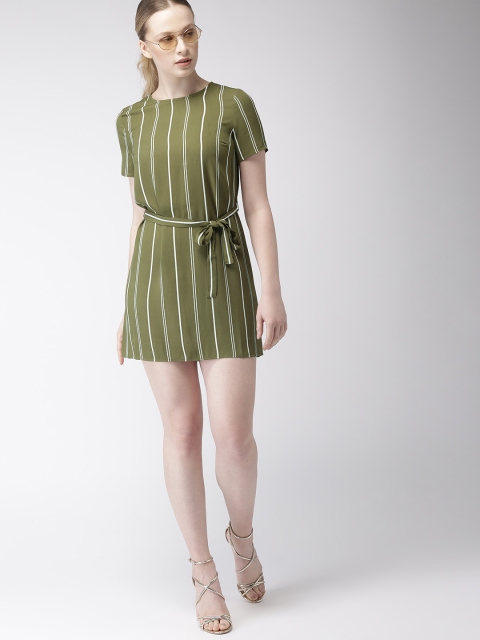 

FOREVER 21 Women Olive Green & Off-White Striped Sheath Dress