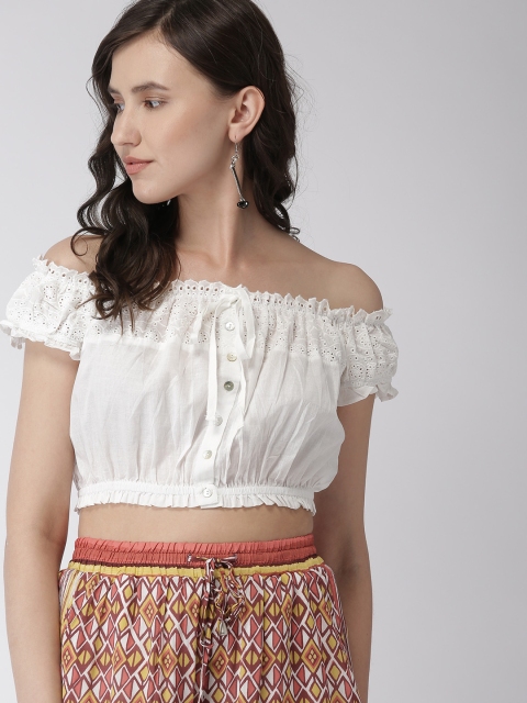 

FOREVER 21 Women White Self Design Bardot Crop Top