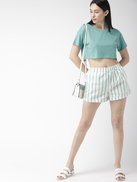 

FOREVER 21 Women Teal Green Solid Round Neck Cropped Boxy T-shirt