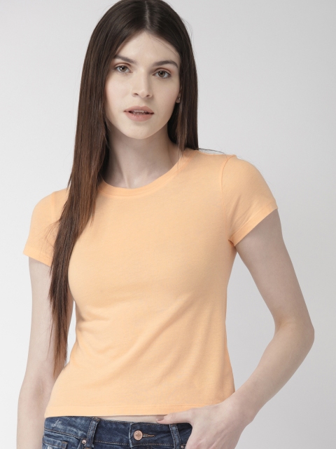 

FOREVER 21 Women Peach-Coloured Solid Round Neck T-shirt
