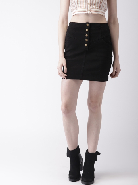 

FOREVER 21 Women Black Solid Straight Denim Skirt