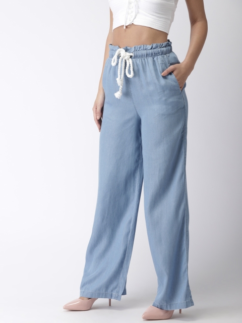 

FOREVER 21 Women Blue Solid Chambray Parallel Trousers