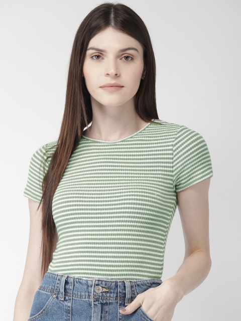

FOREVER 21 Women Green & Cream-Coloured Striped Round Neck T-shirt