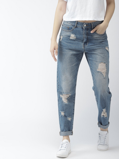 

FOREVER 21 Women Blue Straight Fit Mid-Rise Highly Distressed Jeans