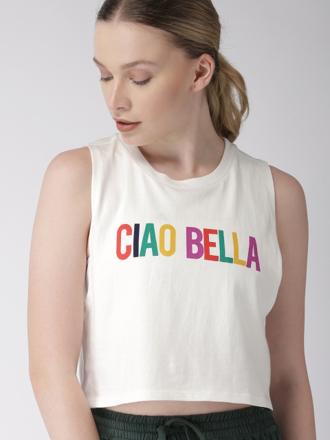 

FOREVER 21 Women White Printed Round Neck Cropped T-shirt