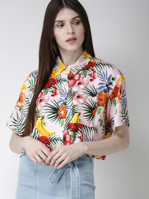 

FOREVER 21 Women Pink & Orange Regular Fit Printed Casual Shirt