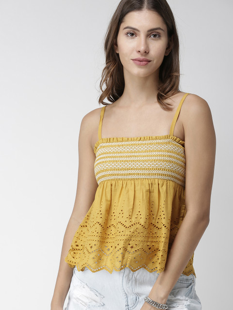 

FOREVER 21 Women Mustard Yellow & White Self-Design Empire Top