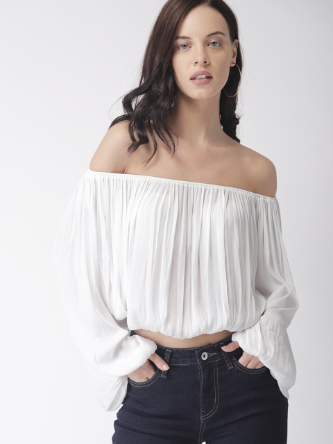 

FOREVER 21 Women White Solid Cropped Bardot Top