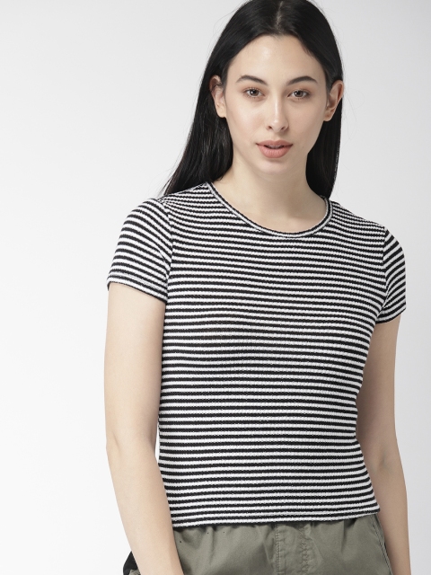 

FOREVER 21 Women Black & White Striped Fitted Top
