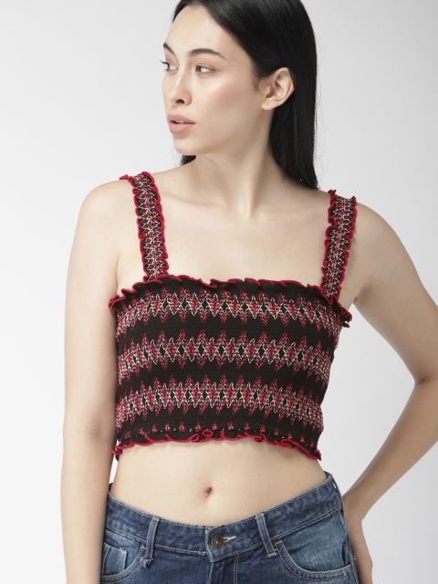 

FOREVER 21 Women Black & Red Self-Design Cropped Fitted Top