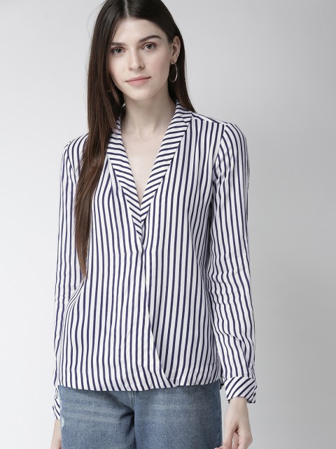 

FOREVER 21 Women White & Navy Blue Striped Shirt Style Top