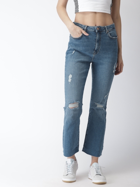 

FOREVER 21 Women Blue Kick Bootcut Fit High-Rise Mildly Distressed Stretchable Crop Jeans