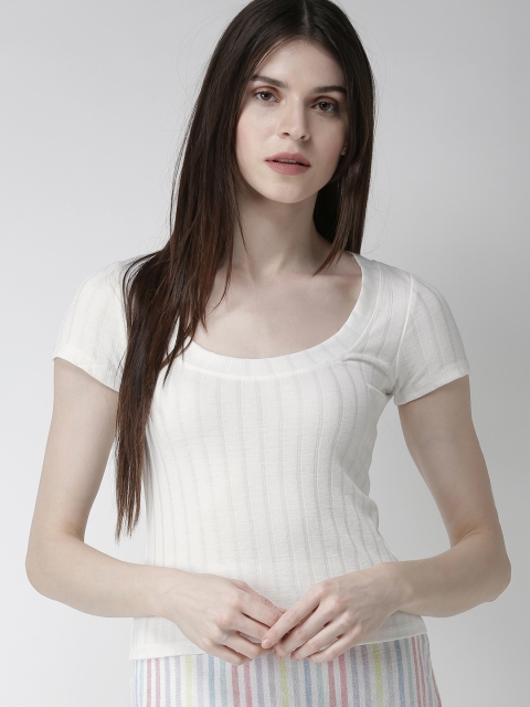 

FOREVER 21 Women White Self- Striped Fitted Top